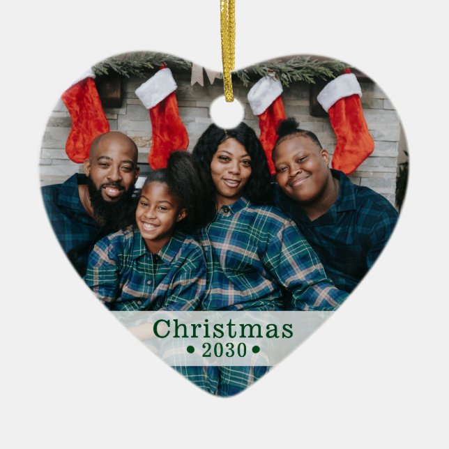 Custom Family Photo Christmas Heart Ceramic Ornament (Front)