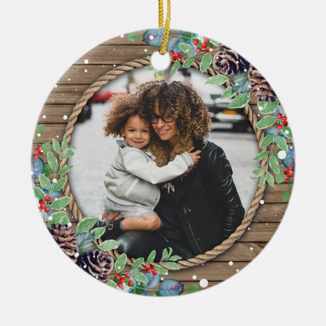 Custom Family Photo Christmas Holiday Ceramic Ornament (Front)
