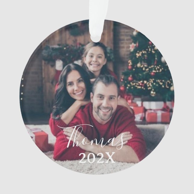 Custom family photo christmas | Script & Year  Orn Ornament (Front)