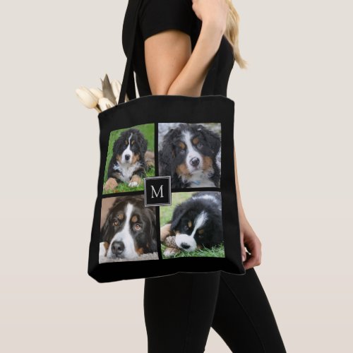 Custom family photo collage black monogram tote bag