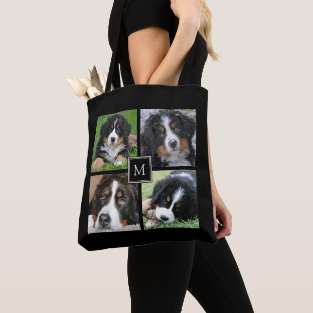 Custom family photo collage black monogram tote bag (Close Up)