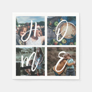 Custom Family Photo Collage Brush Script HOME Paper Napkins