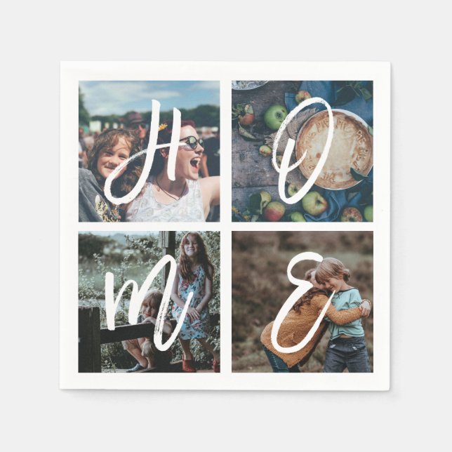 Custom Family Photo Collage Brush Script HOME Paper Napkins (Front)
