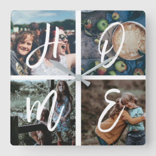 Custom Family Photo Collage Brush Script HOME Square Wall Clock