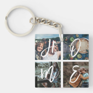 Custom Family Photo Collage Calligraphy HOME Keychain