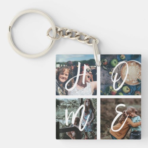 Custom Family Photo Collage Calligraphy  HOME Keychain