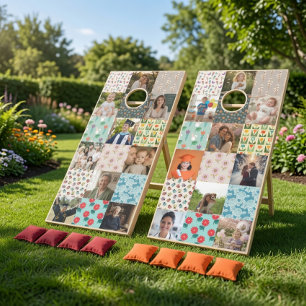 Custom Family Photo Collage Floral Grid Cornhole Set
