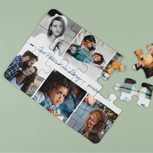 Custom family photo collage handwritten name jigsaw puzzle