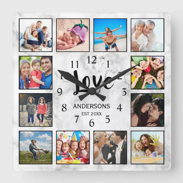 Custom Family Photo Collage Love Elegant Marble Square Wall Clock | Zazzle