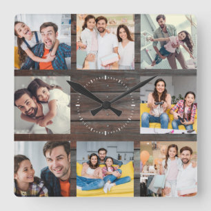 Custom Family Photo Collage Modern Dark Wood Square Wall Clock