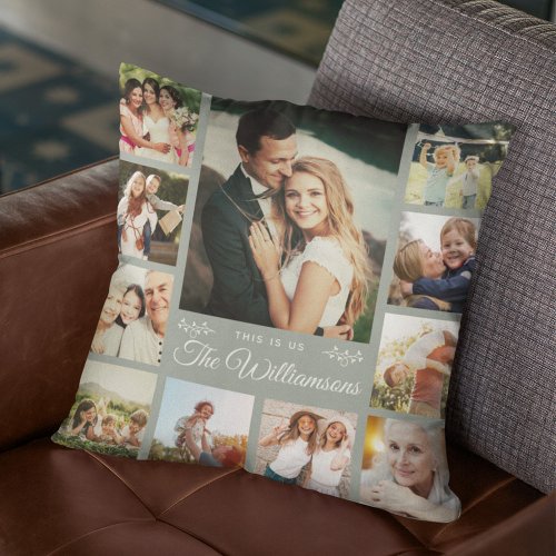 Custom Family Photo Collage Modern Dusty Green Throw Pillow