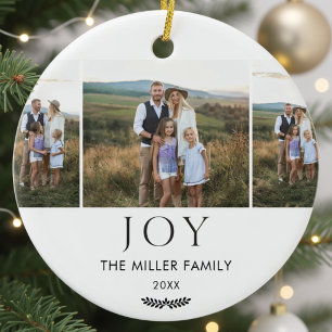 Custom Family Photo Collage Modern Simple Joy Ceramic Ornament