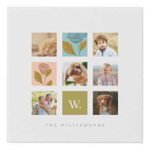 Custom Family Photo Collage Monogram Floral Theme Faux Canvas Print