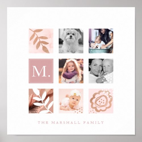 Custom Family Photo Collage Monogram Floral Theme Poster