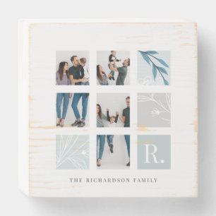 Custom Family Photo Collage Monogram Leaf Theme Wooden Box Sign