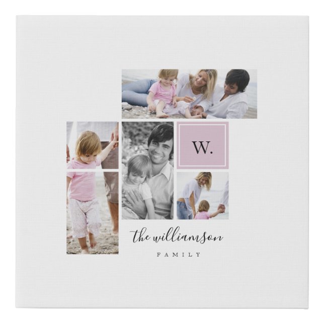 Custom Family Photo Collage Monogram Modern Theme Faux Canvas Print (Front)