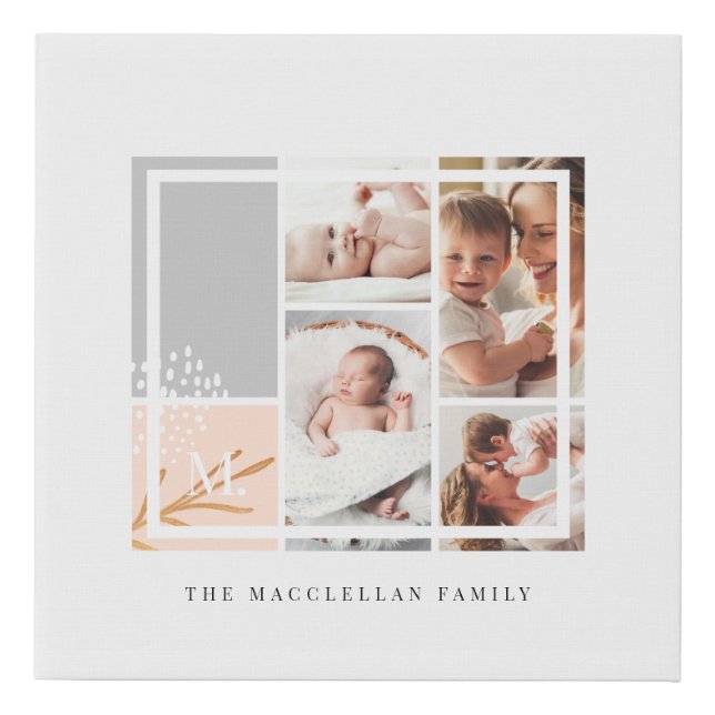 Custom Family Photo Collage Monogram Modern Theme Faux Canvas Print (Front)