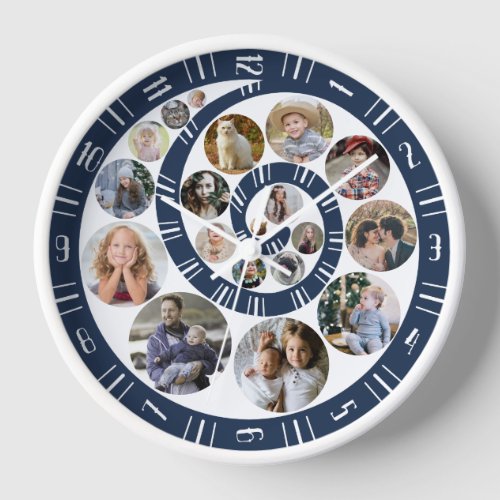 Custom Family Photo Collage Nautilus Blue Spiral Clock