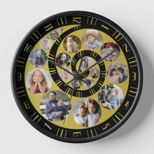 Custom Family Photo Collage Nautilus Gold Spiral Clock