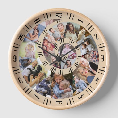 Custom Family Photo Collage Nautilus Spiral Beige Clock