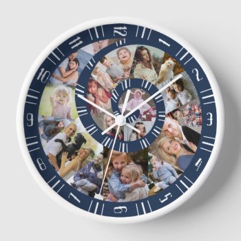 Custom Family Photo Collage Nautilus Spiral Blue Clock by PictureCollage at Zazzle