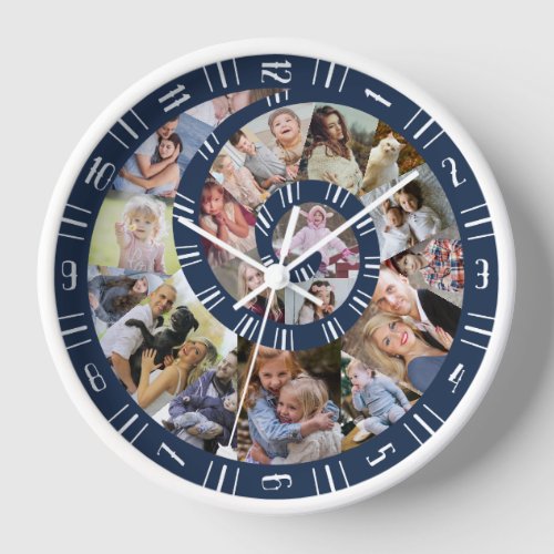 Custom Family Photo Collage Nautilus Spiral Blue Clock