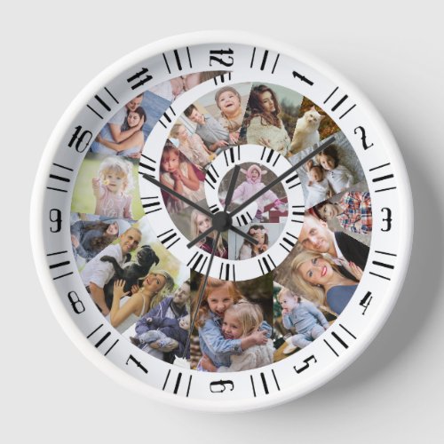 Custom Family Photo Collage Nautilus Spiral White Clock
