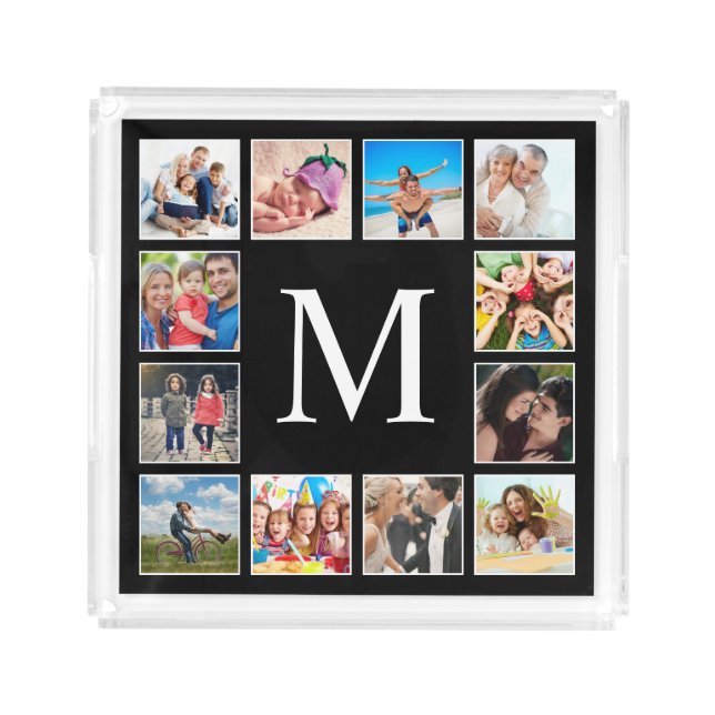 Custom Family Photo Collage Personalized Black Acrylic Tray (Front)