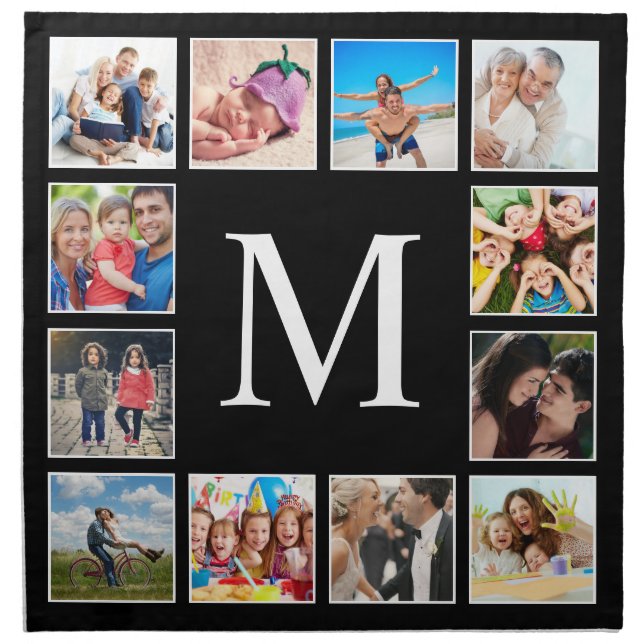 Custom Family Photo Collage Personalized Black Cloth Napkin (Front)