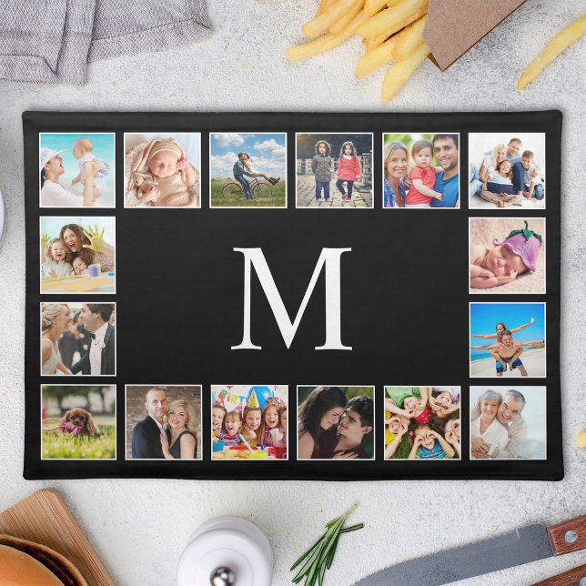 Custom Family Photo Collage Personalized Black Cloth Placemat (Creator Uploaded)