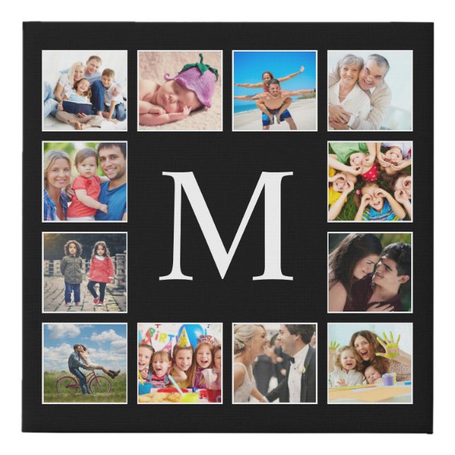 Custom Family Photo Collage Personalized Black Faux Canvas Print (Front)