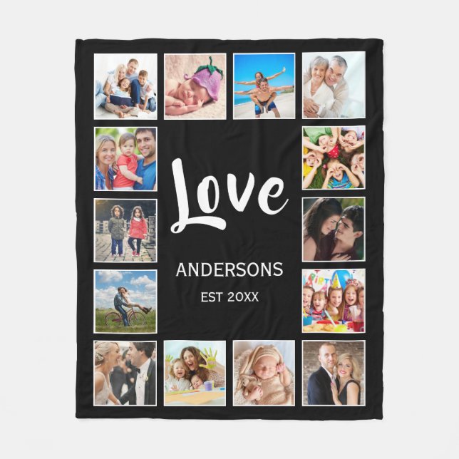 Custom Family Photo Collage Personalized Black Fleece Blanket (Front)