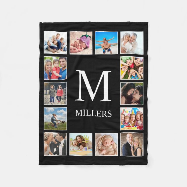 Custom Family Photo Collage Personalized Black Fleece Blanket (Front)