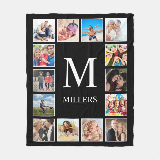 Custom Family Photo Collage Personalized Black Fleece Blanket (Front)