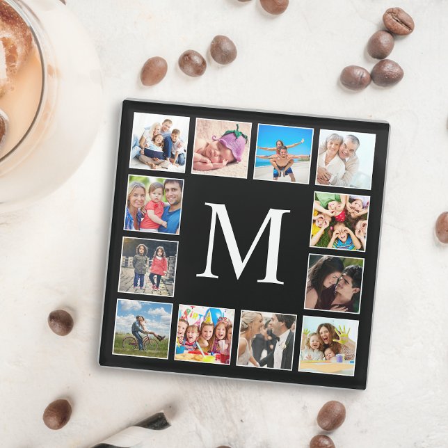 Custom Family Photo Collage Personalized Black Glass Coaster (Creator Uploaded)