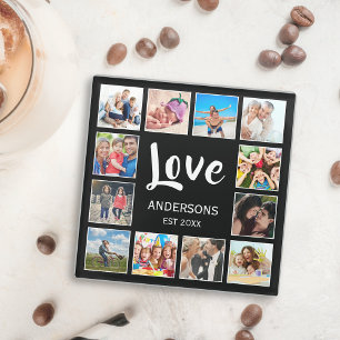 Custom Family Photo Collage Personalized Black Glass Coaster