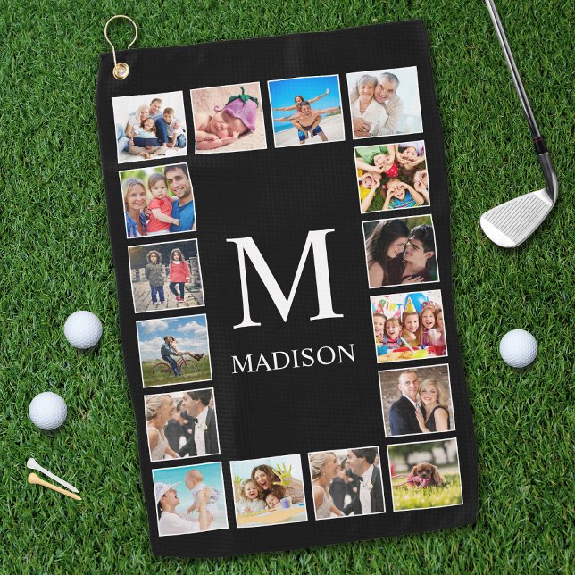 Custom Family Photo Collage Personalized Black Golf Towel (Creator Uploaded)