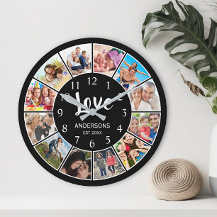 Custom Family Photo Collage Personalized Black Large Clock