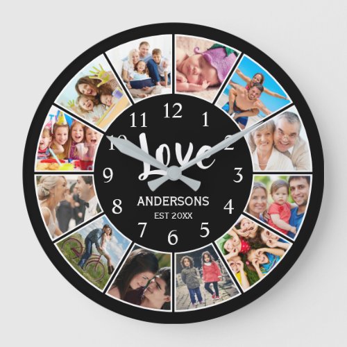 Custom Family Photo Collage Personalized Black Large Clock