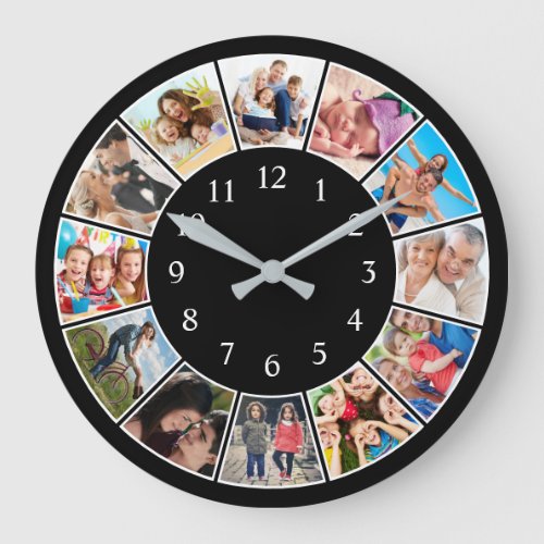 Custom Family Photo Collage Personalized Black Large Clock