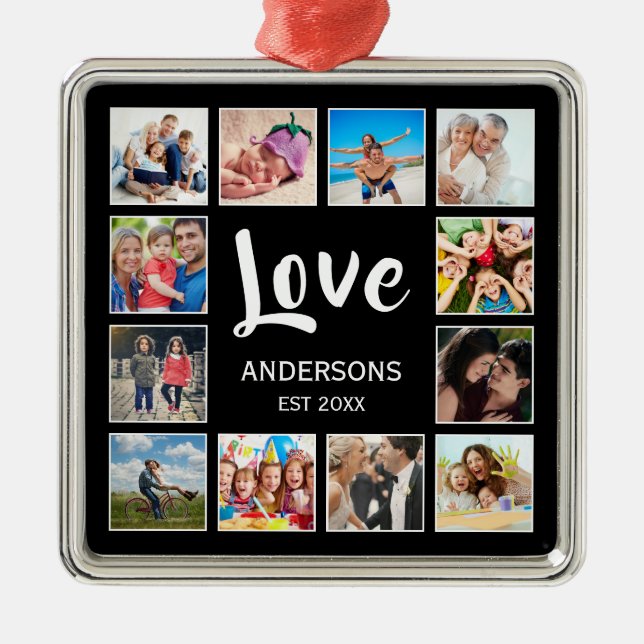 Custom Family Photo Collage Personalized Black Metal Ornament (Front)