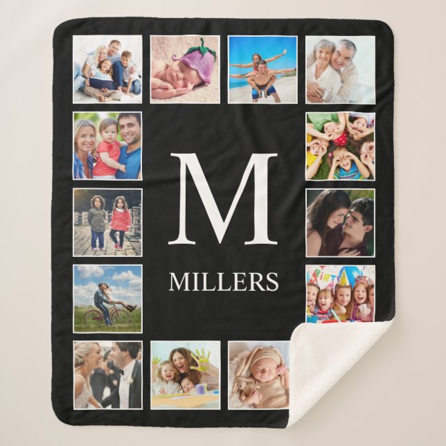 Custom Family Photo Collage Personalized Black Sherpa Blanket (Front)