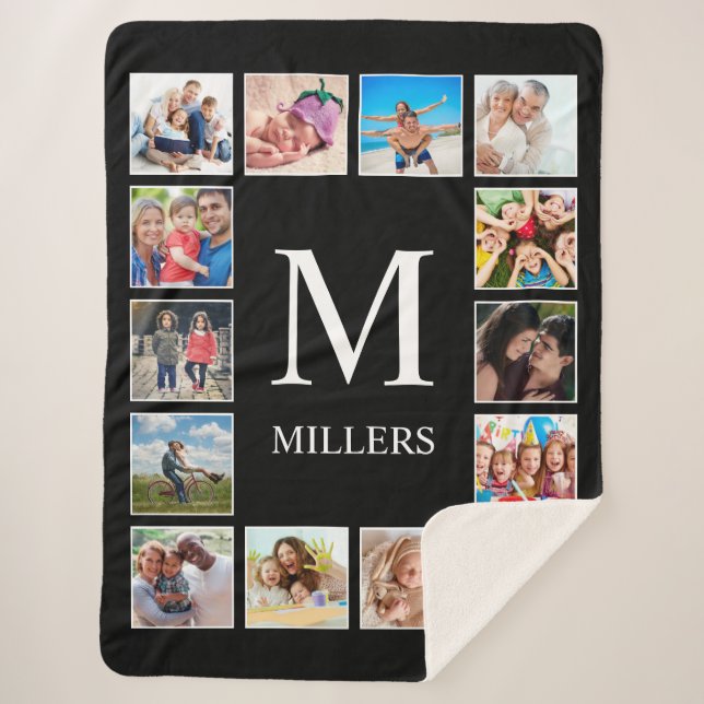 Custom Family Photo Collage Personalized Black Sherpa Blanket (Front)