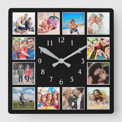 Custom Family Photo Collage Personalized Black Square Wall Clock
