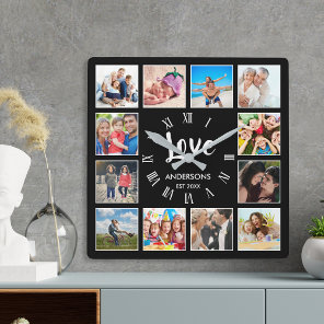 Custom Family Photo Collage Personalized Black  Square Wall Clock