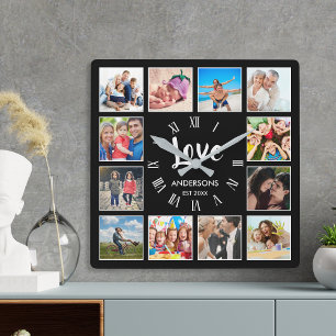Custom Family Photo Collage Personalized Black Square Wall Clock