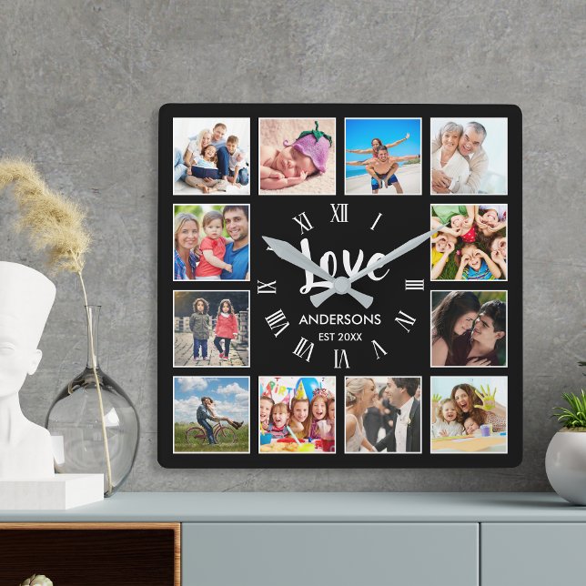 Custom Family Photo Collage Personalized Black  Square Wall Clock (Creator Uploaded)