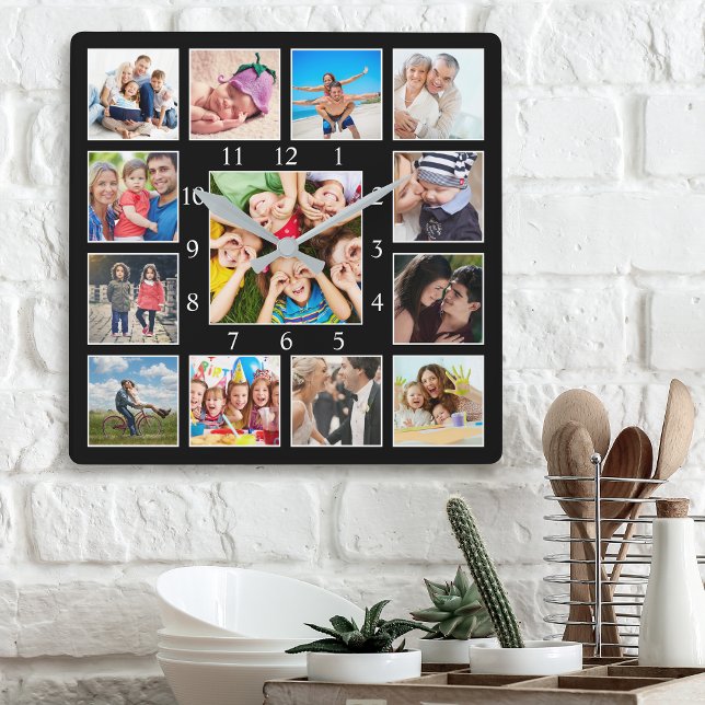 Custom Family Photo Collage Personalized Black Square Wall Clock (Creator Uploaded)