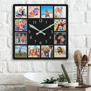 Custom Family Photo Collage Personalized Black Square Wall Clock