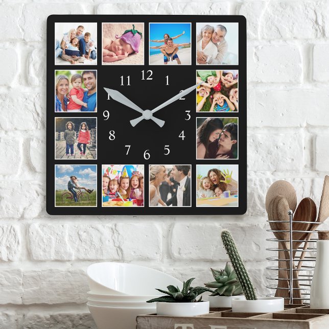 Custom Family Photo Collage Personalized Black Square Wall Clock (Creator Uploaded)